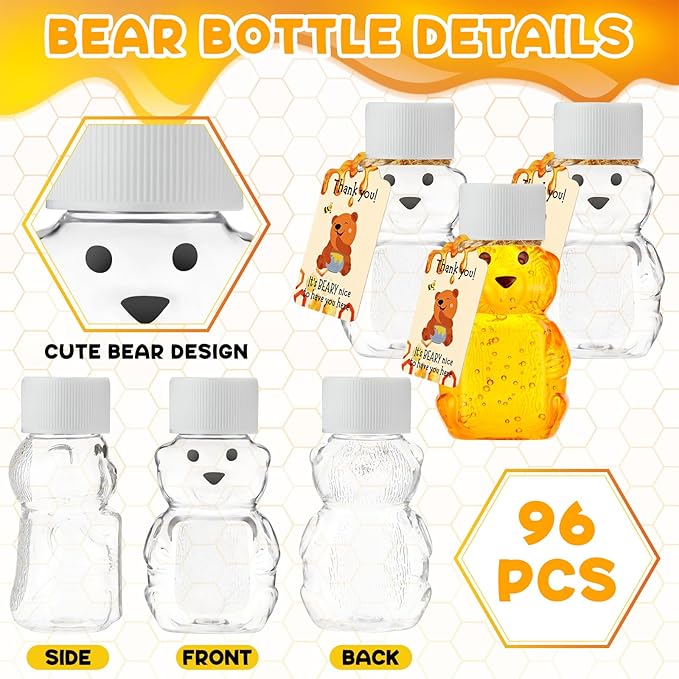 96 Sets 2 oz Plastic Honey Bear Bottle Bear Shape Clear Empty Honey Jar 96 Tags 2 Rolls Jute Rope Honey Containers Empty Honey Dispenser for Baby Shower Party Favors Gifts (White Lid)