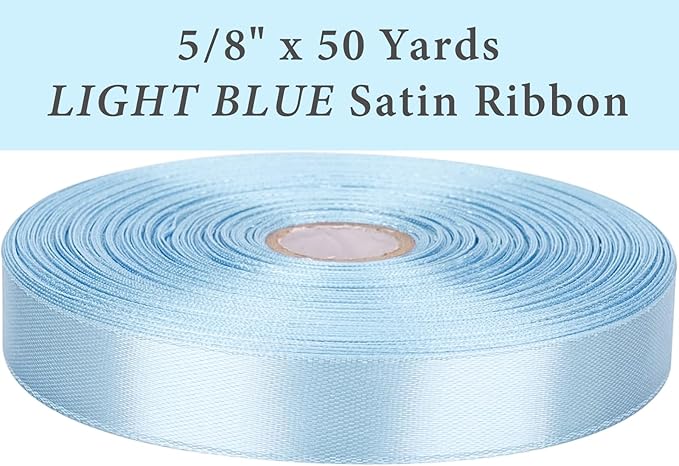5/8" x 50 Yards Light Blue Satin Ribbon Single Faced Fabric Ribbons for Gift Wrapping, Crafting, Bows Making, Sewing, Wedding, Home Decor