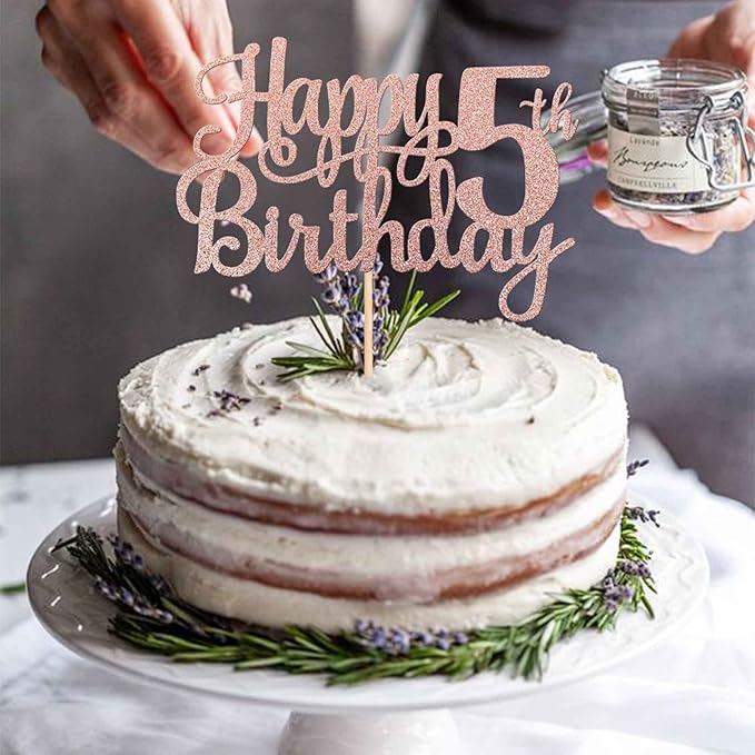 1 PCS Happy 5th Birthday Cake Topper Glitter Cheers to 5 Years Cake Pick Number 5 Fabulous Cake Decoration for 5th Birthday Theme Party Decorations Supplies Rose Gold