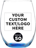 Custom Stemless Wine Glass 9 oz. Set of 50, Personalized Bulk Pack - Great for Wedding Favors, Bachelorette Party Decorations, Party Favors, Color Bottom - Blue