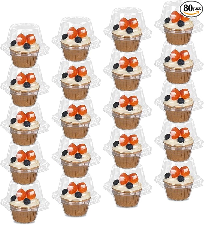 80 Pack Plastic Individual Cupcake Containers Clear Cupcake Boxes Holder Disposable Stackable Deep Dome Mini Cake Carriers for Cake Muffin Packaging