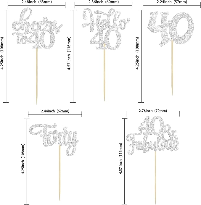 30pcs Happy 40th Birthday Cupcake Toppers - Silver Glitter Forty Cheers to 40 Years Old Cupcake Picks for Anniversary Party Cake Decorations