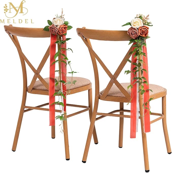 Meldel 10Pcs Wedding Chair Decorations Aisle Flowers Swag Artificial Flower Ivory Orange Garland with Ribbion for Ceremony Reception Church Rose Floral Faux Arrangement Party Outdoor Pew Decor