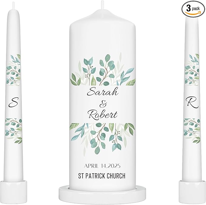 Unity Candles for Wedding, Modern Unity Set, Custom and Personalized Pillar and Taper Candles, Unscented White Premium Wax, Religious and Wedding Ceremony, Special Events (Olive)