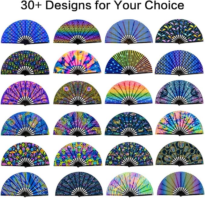 UV Glow Rave Fan, Bamboo Folding Clack Hand Fan for Men Women (Cute Cat, Large 13")