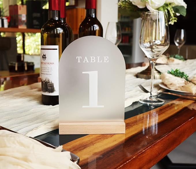 Wedding Table Numbers 1-10, Acrylic Arch Signs with Natural Wood Stands Holders, Rustic Table Decor for Reception & Parties (Frosted White)