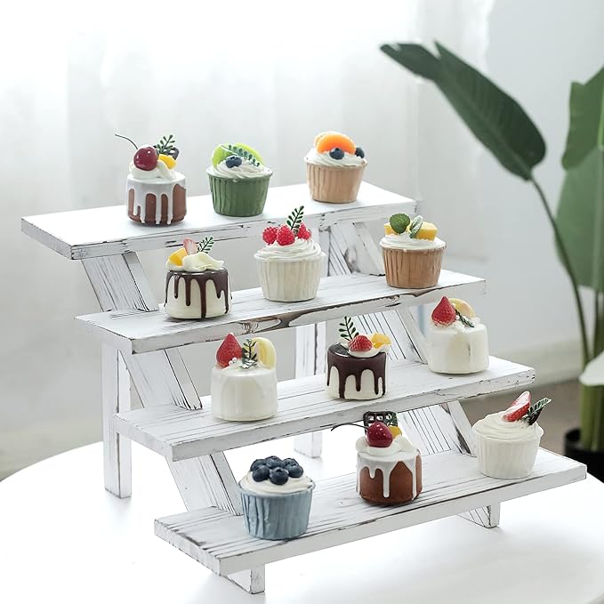 Swallowliving 2pcs Wooden Rustic Cupcake Stand for 24 Cupcakes, Stepped Wood Display Stand for Weddings, Tiered Party Table Display Riser for Food, Dessert, Cookie, Decor, Craft Show, White