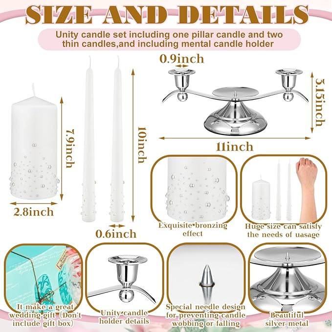 Irenare Unity Candles with Holder for Wedding Ceremony Wedding Decortions Accessories Glass Candle Holder Pillar Candle for Formal Events Church(Pearl)