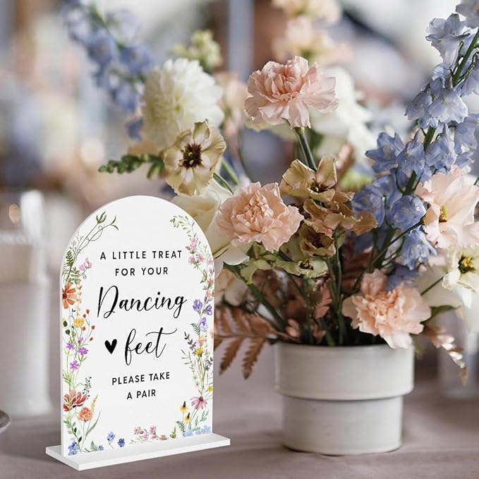 Acrylic Wedding Signs, Dancing Feet Signs for Marriage Reception, Bridal Shower Decorations, Modern Arched Round Top Acrylic Table Top Sign with Holder for Wedding Party Dinner (White Wildflowers)