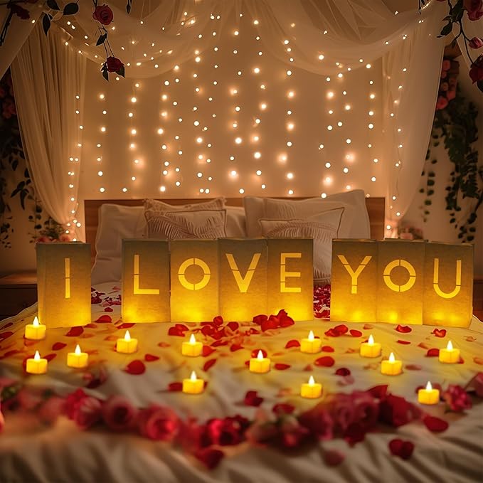 Homemory I Love You Light Up Letters Proposal Decorations with Flameless Candles and Fake Rose Petals, Valentine's Day Luminary Bags Romantic Decorations Special Night for Wedding Anniversary