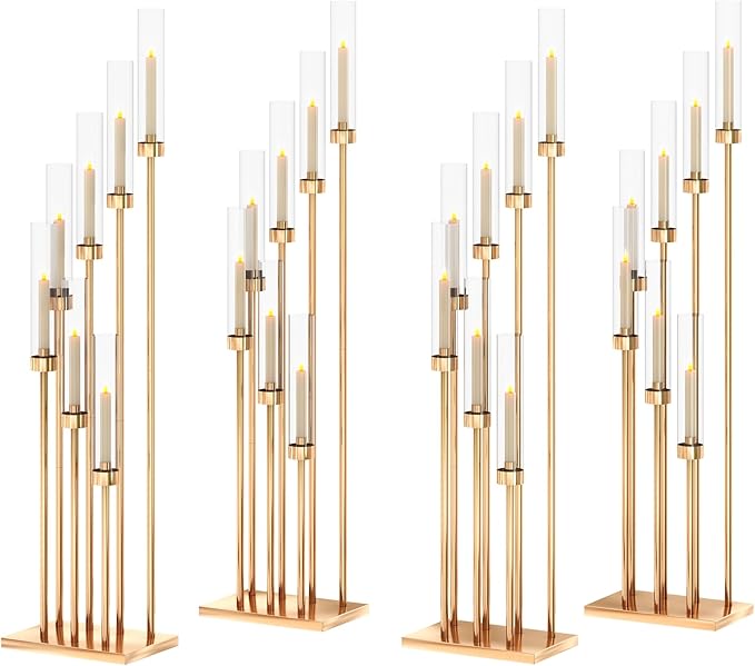 46.5'' Floor Candelabra 7 Arms Floor Candle Holders for Wedding Gold Candle Sticks Holder Decor Metal Candlestick Set with Acrylic Lampshades for Home Party (7 arm Square 46.5in)