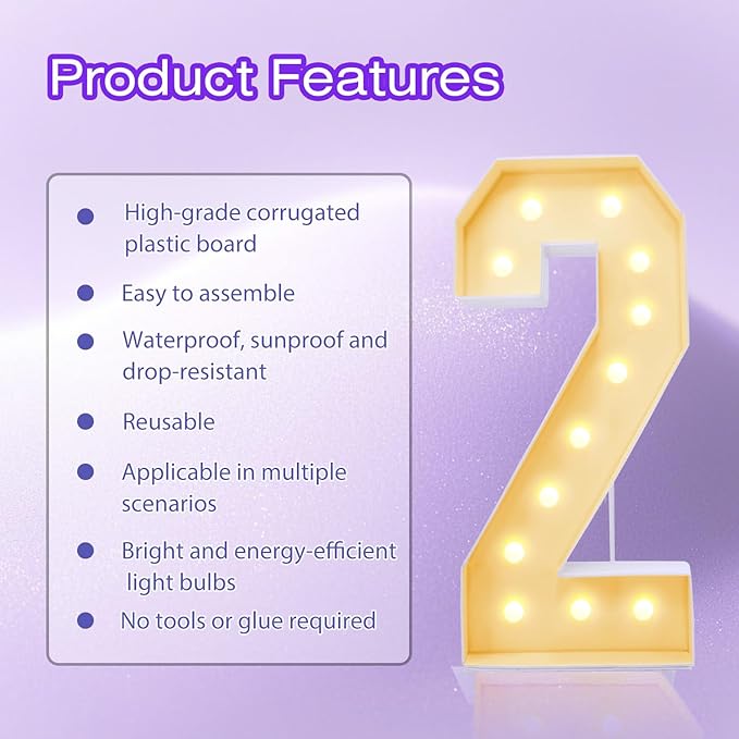4FT Plastic Marquee Numbers 2 - Light up Numbers Are Made from Corrugated Plastic Board - Quick Assembly Without Tools, Disassembled Components Can Be Used for Photo Wall Decoration, Yard Sale Signs