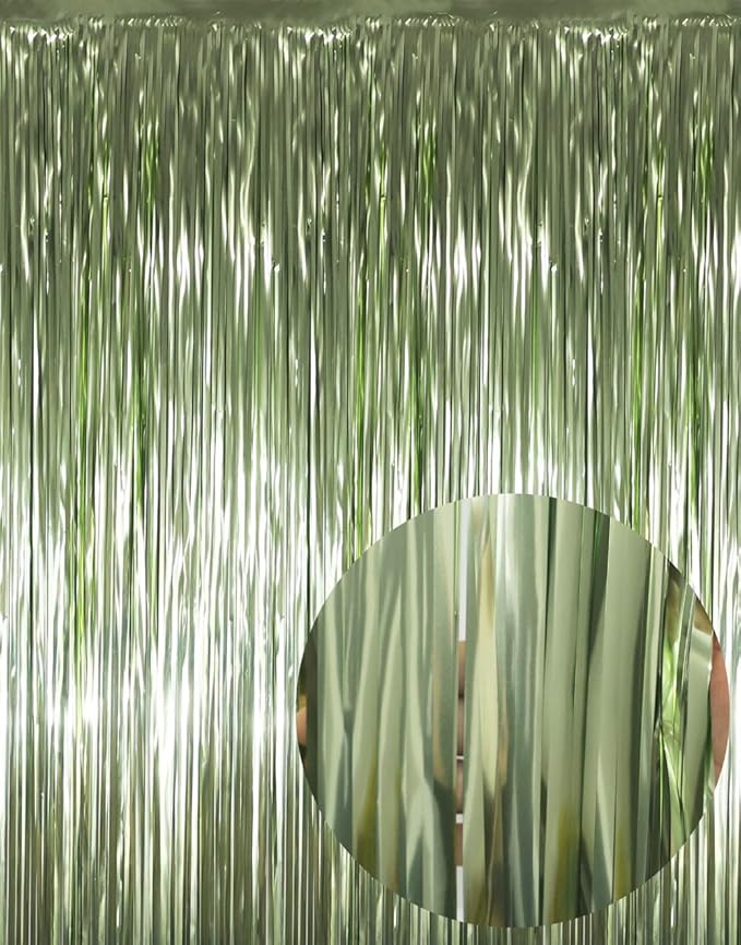 GOER 3.2 ft x 8.2 ft Metallic Tinsel Foil Fringe Curtains Party Photo Backdrop Party Streamers for Birthday,Graduation,New Year Eve Decorations Wedding Decor (4 Pcs,Sage Green)