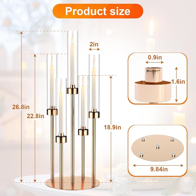 5 Arm Gold Candelabra Centerpieces for Table 4 Set Floor Candelabras Metal Candlestick for LED Candle 26'' Tall Candle Holders with Acrylic Lampshade for Wedding Party Fireplace