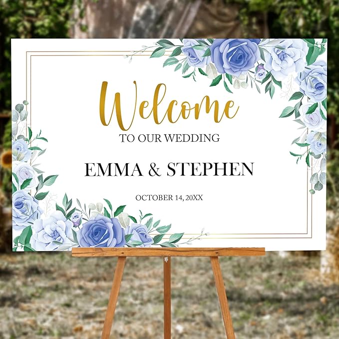 Dusty Blue and Gold Wedding Welcome Sign Template, Printable Landscape Welcome Sign with Blue White Flowers, Elegant Floral Wedding Reception Decor