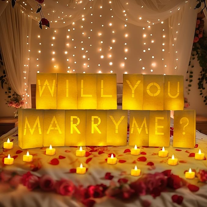 Homemory Will You Marry Me Light Up Letters Proposal Decorations with Flameless Candles and Fake Rose Petals, Valentine's Day Luminary Bags Decorations for Wedding Engagement