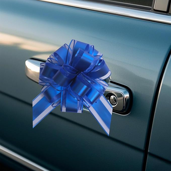 12 PCS 6 Inch Large Pull Organza Blue Bows - Perfect for Gift Wrapping, Wedding Decor, Car Bows, Birthday Parties, Christmas and Valentine's Day