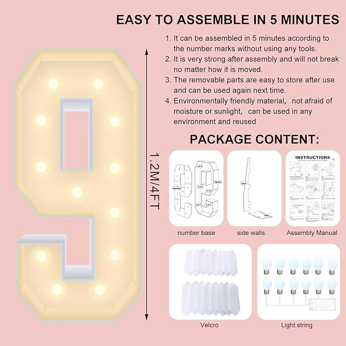 4FT Plastic Marquee Numbers 9 - Light up Numbers Are Made from Corrugated Plastic Board - Quick Assembly Without Tools, Disassembled Components Can Be Used for Photo Wall Decoration, Yard Sale Signs