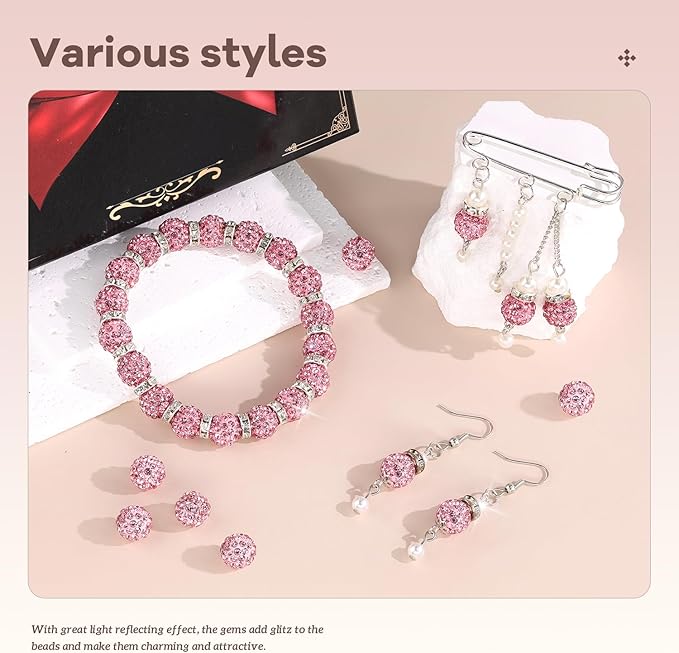 105pcs 10mm Rhinestone Beads for Jewelry Making, Pink Shiny Round Disco Ball Beads Bulk, Sparkle Crystal Clay Christmas for Bracelet Baseball Necklace Earring Crafting and DIY