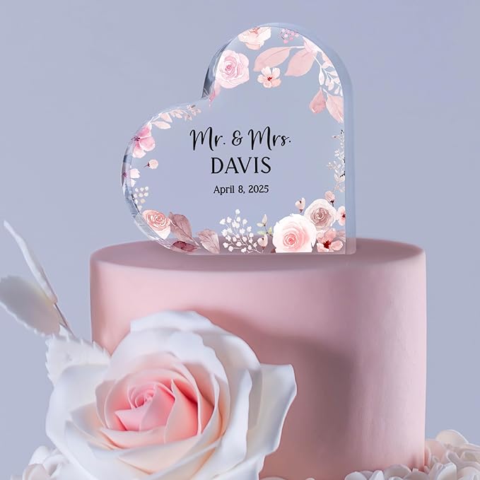 Personalized Wedding Heart Acrylic Block Mr & Mrs Cake Topper, Custom Wedding Keepsake Bride & Groom