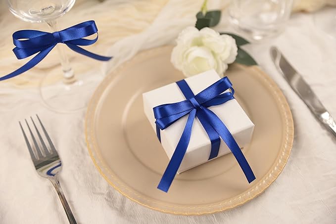 Dark Royal Blue Satin Ribbon 3/8 inch X Continuous 50 Yards, Single Face Polyester Ribbon Perfect for Gift Wrapping, Flower Bouquet, Wedding Decor, Crafts, Bow Making, Sewing and More