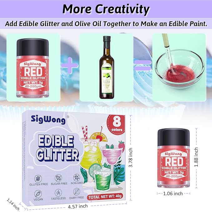 Edible Glitter - 8 Colors Luster Dust Edible Set for Drinks, Food Grade Edible Glitter Dust for Cake Decorating, Cocktail, Fondant, Strawberries, Candy, Cookie, Chocolate. Vegan and Gluten Free - 5g/bottle