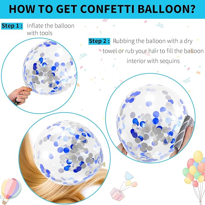 Blue Silver White Confetti Balloons Kit, Light Blues Metallic Blue Pastel Blue and Pearl Silver Birthday Balloon, for Boy Birthday Baby Shower Wedding Party Decor
