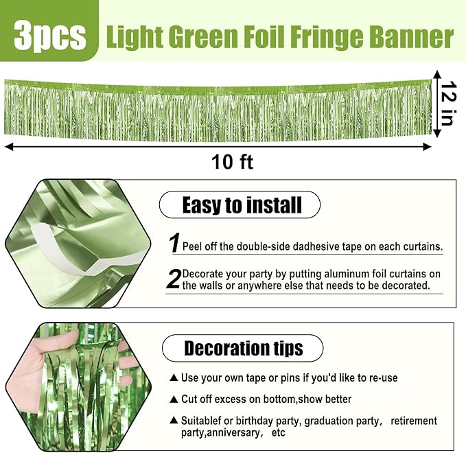 3 Pack 10 Long Light Green Metallic Foil Fringe Garland Wall Hanging Tassle Banner, Mother's Day, Easter, Parade Floats, Birthday, Theme Party, Wedding Party Decorations