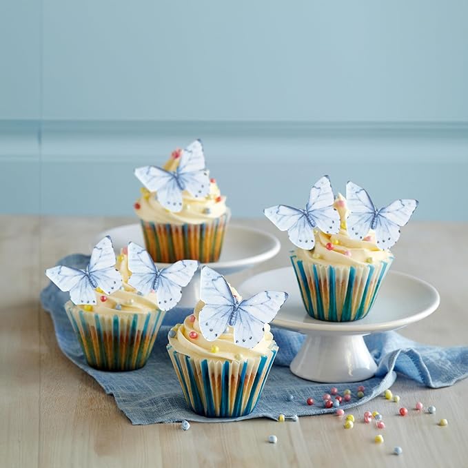Ephlyn 48Pcs Edible Butterfly Cupcake Toppers Butterfly Cupcake Picks Edible Cupcake Decorations for Baby Shower Kids Birthday Party Cake Supplies Blue