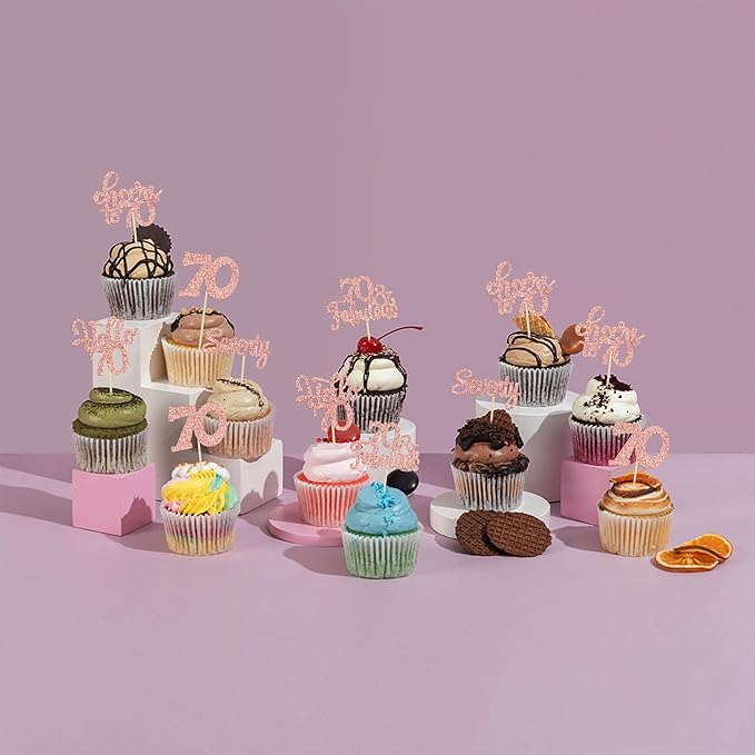 30Pcs Happy 70th Birthday Cupcake Toppers Seventy Cheers to 70 Years Old Birthday Cupcake Picks for 70th Birthday Anniversary Party Cake Decorations Supplies Rose Gold Glitter