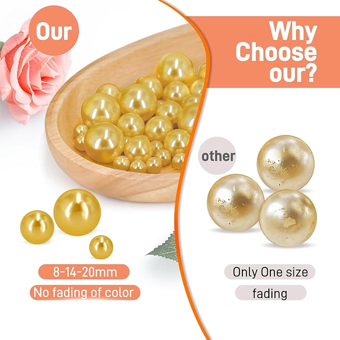 120 PCS 8/14/20mm No Hole Polish Pearl Beads for Centerpiece, Gold Beads Decorative Vase Fillers, Plastics Pearls for Vases, Table Scatters, Wedding Party Decor