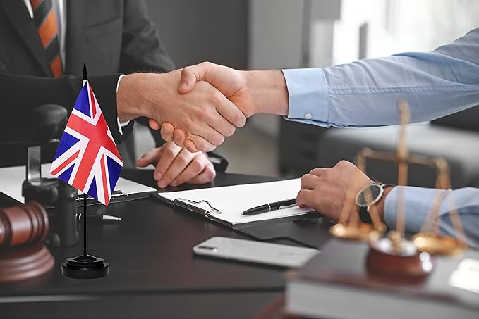 UK British Deluxe Desk Flag Set Small Mini United Kingdom Miniature Table Desktop Flags With Solid Pole, Black Base and Spear Top(2 Pack)