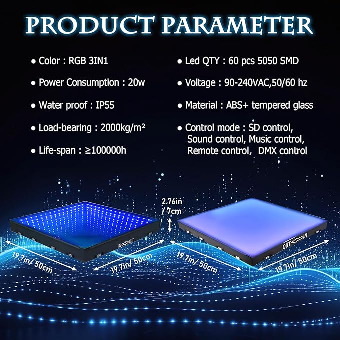 Dance Floor Stage Lights-Tempered Glass with Flight Case - RGB Color Changing Lights for Wedding, Party, Club - Non-Slip (3D&RGB -Magnetic, 8 * 8 FT)