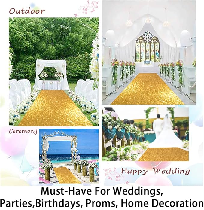 ShinyBeauty 4FTx10FT Gold Sequin Aisle Runner for Wedding Ceremony | Glitter Floor Runner for Outdoor and Church