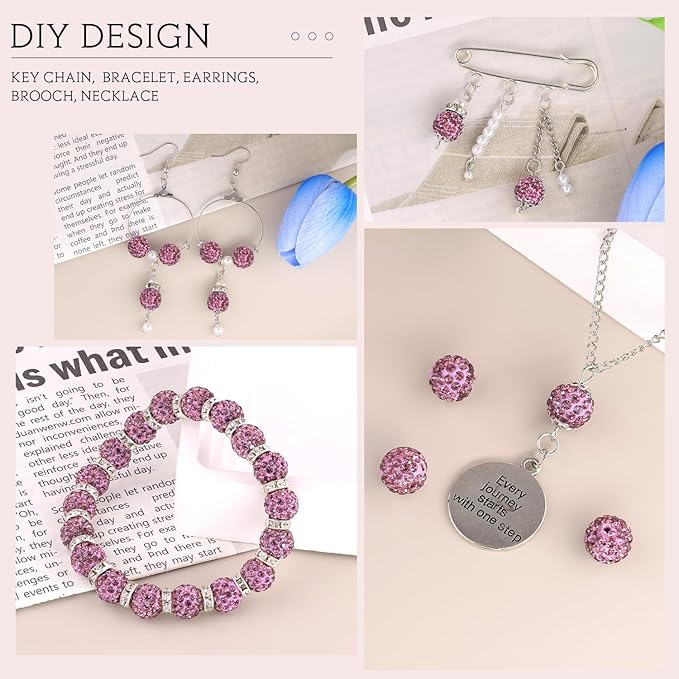 200pcs 10mm Light Purple Rhinestone Beads for Jewelry Making, Shiny Round Shamballa Disco Ball Beads, Sparkle Crystal Clay Christmas for Bracelet Baseball Necklace Earring Crafting and DIY