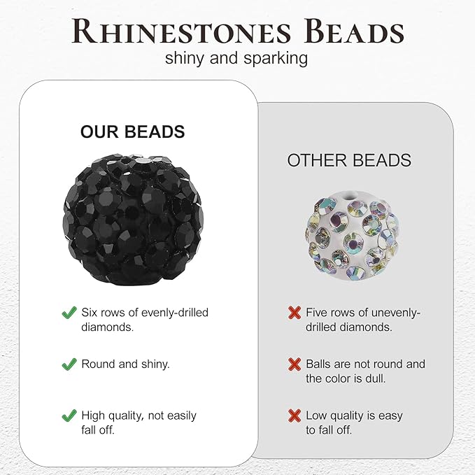 Novani 288pcs 10mm Round Rhinestone Beads for Jewelry Making, Clay Material, Black Color, Sparkle Disco Ball Effect, DIY Bracelet, Necklace, Earring, Christmas Decoration