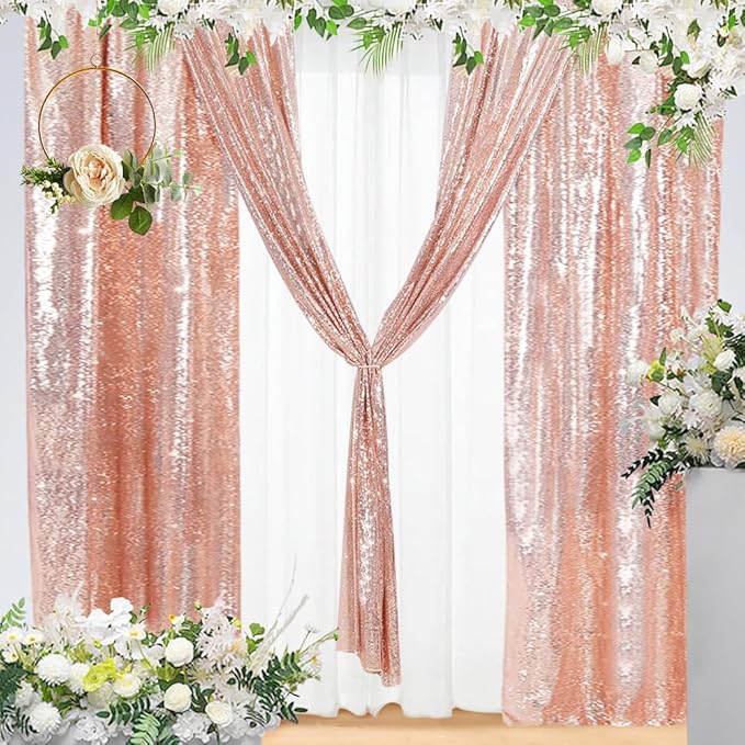 Eternal Beauty Rose Gold Sequin Backdrop Curtains, Shimmer Back Drop 4Panels-2FTx8FT for Christmas, Party, Birthday, Photography, Wedding, Baby Shower Event Decoration