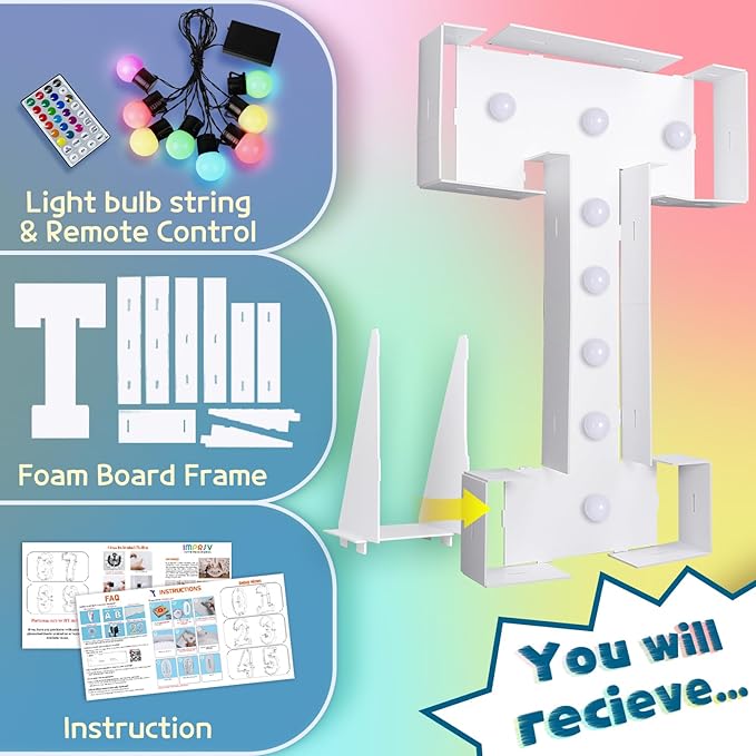 imprsv 3FT Colorful Marquee Light Up Letters T, 18 Colors Large Light up Letters Alphabet Sign with Remote, Big Marry Me Sign, Birthday Party Decorations Baby Shower Anniversary Wedding Decoration