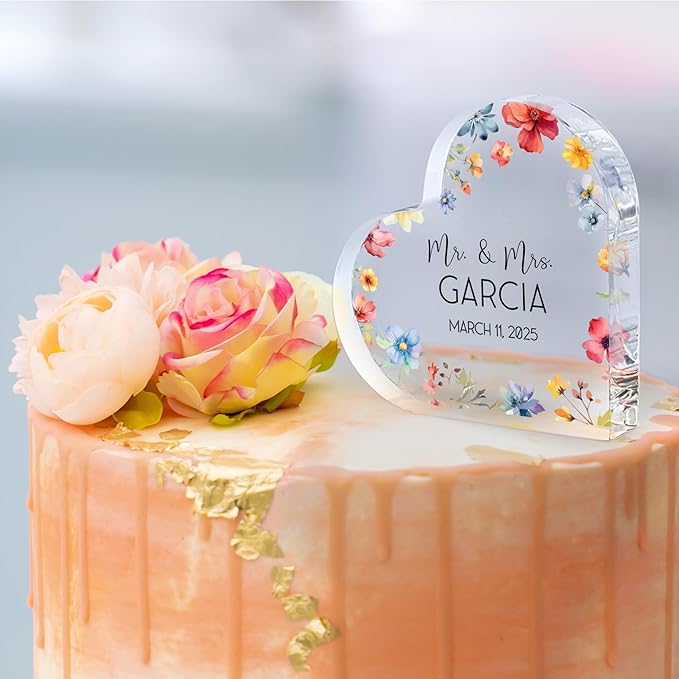 Personalized Wedding Heart Acrylic Block Mr & Mrs Cake Topper, Custom Wedding Keepsake Bride & Groom