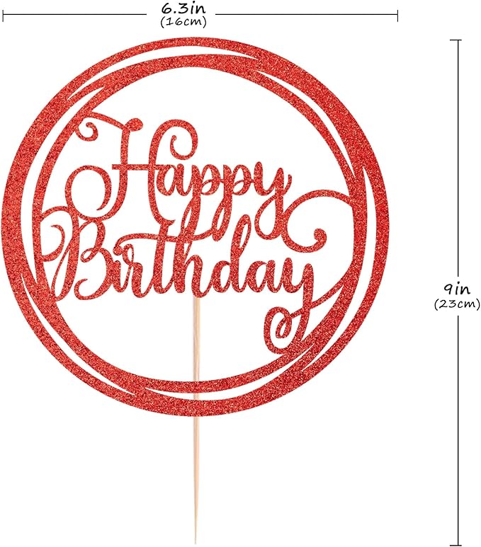 Happy Birthday Cake Topper - Red Glitter Happy Birthday Cake Decoration Supplies for Children or Adults - Happy Birthday Cake Bunting Decor, Photo Booth Props