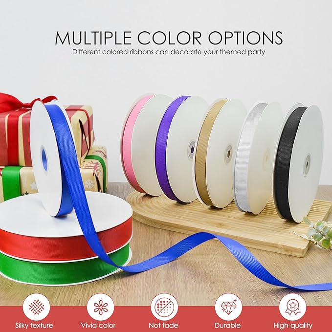 50 Yards 5/8 inch Grosgrain Ribbon, Solid Color Fabric Ribbon Perfect for Gift Wrapping, Wedding, Handmade Bows, Floral Bouquets and Party Decoration(red)