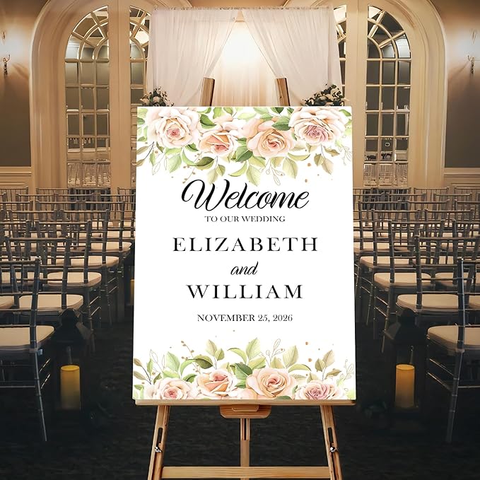 Gentle Pink Rose Wedding Welcome Sign, Minimalist Floral Template, Editable Printable Sign for Ceremony or Reception