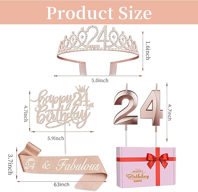 24th Birthday Decorations for Women Including Birthday Sash, Tiara/Crown, Numeral Candles and Cake Topper, 24 Year Old Gifts for Women, Rose Gold Party Decor Supplies
