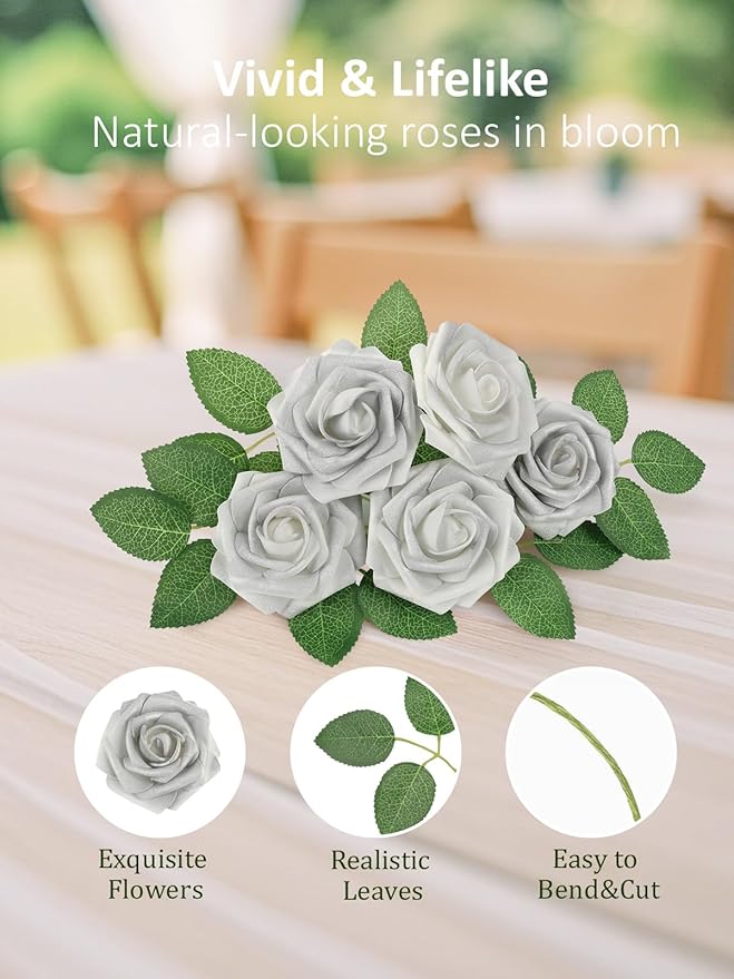 N&T NIETING Artificial Flowers, 25pcs Fake Flowers Roses with Stem for DIY Wedding Bouquets Centerpieces Bridal Shower Party Home Decoration, Silver White