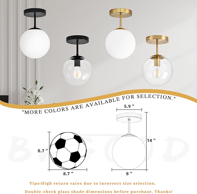 8" Black Semi Flush Mount Ceiling Light Fixture Milk Glass Globe Ceiling Light Fixtures Hallway Light Fixtures Mid Century Ceiling Lights Matte Black Finish for Entryway Foyer (Bulb Incl.)