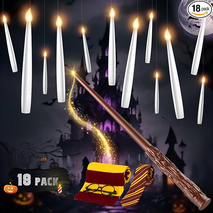 Floating Candles with Wand - 18 Pack Halloween Decorations Magic Flameless Candles Flickering Light Hanging Candle Remote with Glasses, Tie, Scarf, Battery Operated Candles for Christmas Party Decor