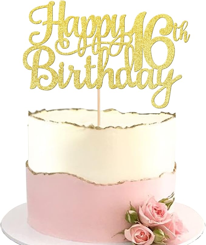 1 PCS Happy 16th Birthday Cake Topper Gold Glitter Cheers to 16 Years Birthday Cake Pick Sweet 16 Fabulous Cake Decoration for Happy 16th Birthday Theme Party Decorations Supplies