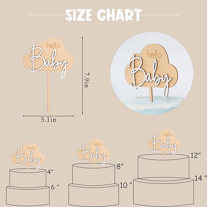 Hello Baby Wooden Cake Topper - Cloud Themed Baby Shower Party Cake Topper，Gender Reveal Party Decoration