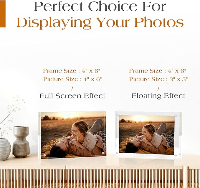 TWING 2 Pack Picture Frames Acrylic 4 x 6, Horizontal Magnet Double Sided 4x6 Picture Frame, 10+10MM Thick Clear Frameless Desktop Display Self Standing Magnetic Acrylic Block Photo Frame Gift Ideal