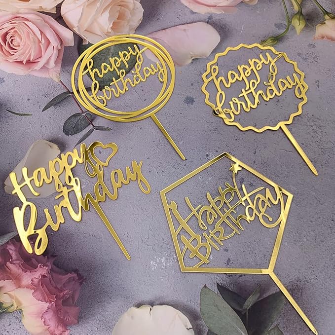 Gold Happy Birthday Cake Topper - Acrylic Cupcake Toppers Decoration Supplies (7 Pieces)